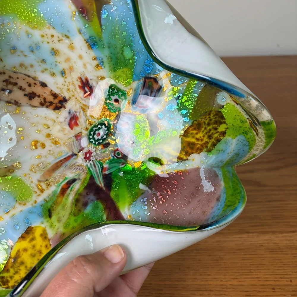 Vintage Murano Art Glass Bowl Gold Fleck Trifold White Green Tutti Fruitti